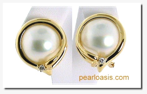 13MM Japanese Mabe Pearl Diamond Earrings Omage Clip 14K Gold
