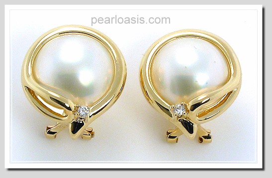 13MM Japanese Mabe Pearl Diamond Earrings Omage Clip 14K Gold