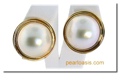 15MM Japanese Mabe Pearl Earrings Omage Clip 14K Yellow Gold