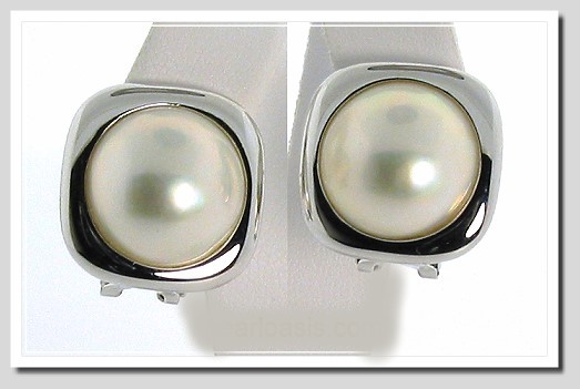 14.5MM Japanese Mabe Pearl Earrings Omage Clip 14K White Gold