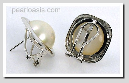 14.5MM Japanese Mabe Pearl Earrings Omage Clip 14K White Gold