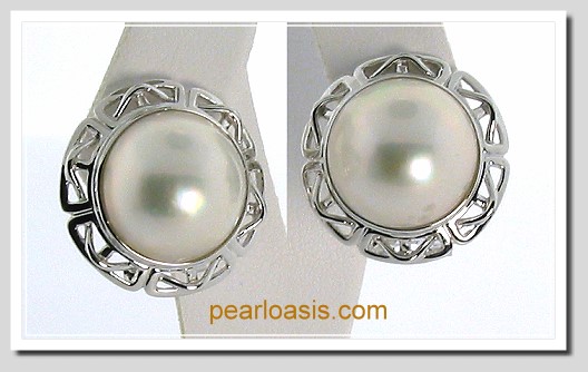14MM Japanese Mabe Pearl Earrings Omage Clip 14K White Gold