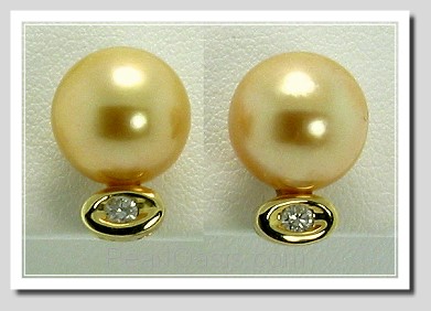 10.4MM Dark Golden South Sea Pearl Earrings w/Diamond, 18K Y Gold