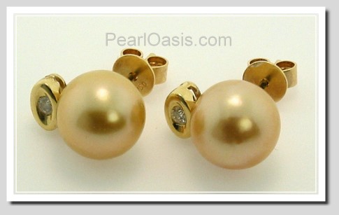 10.4MM Dark Golden South Sea Pearl Earrings w/Diamond, 18K Y Gold