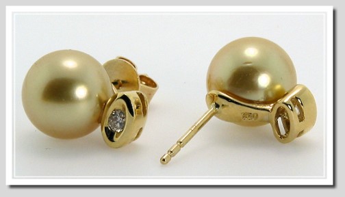 10.4MM Dark Golden South Sea Pearl Earrings w/Diamond, 18K Y Gold