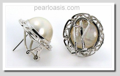 14MM Japanese Mabe Pearl Earrings Omage Clip 14K White Gold