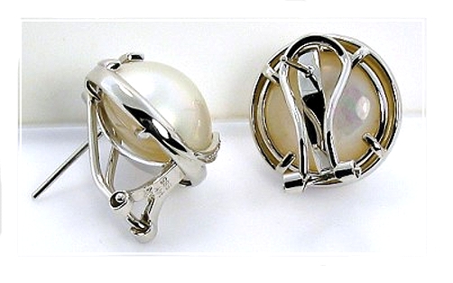 13MM Japanese Mabe Pearl Diamond Earrings Omage Clip 14K White Gold