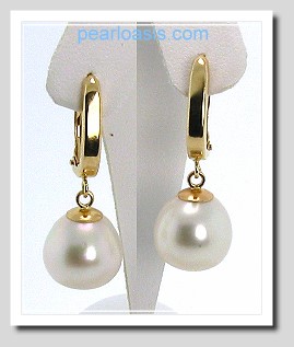 11.45MM White South Sea Pearl Dangle Earrings 14K Yellow Gold