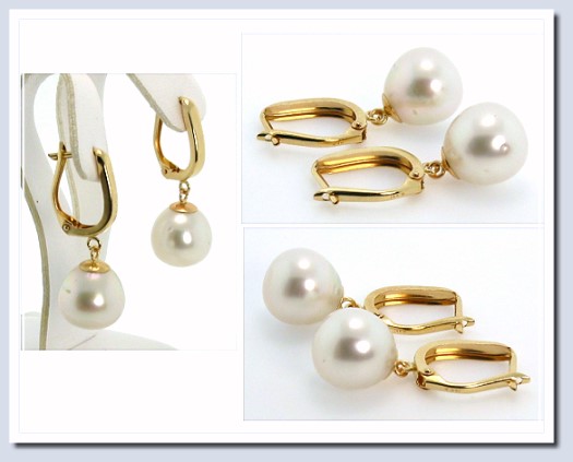 11.45MM White South Sea Pearl Dangle Earrings 14K Yellow Gold