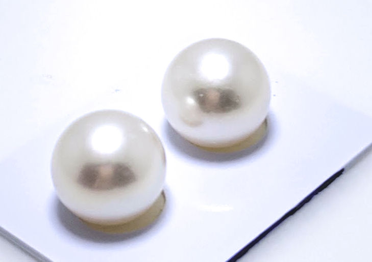 12.4MM White Round South Sea Pearl Earring Studs, 18K Yellow Gold
