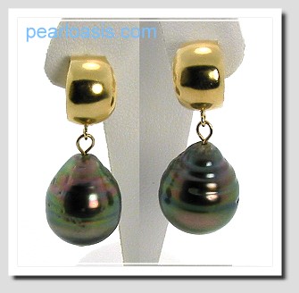 11.8X14.9MM Peacock Tahitian Pearl Drop Earrings 14K Yellow Gold