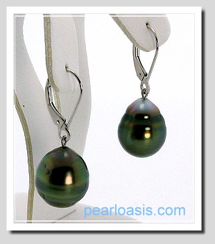 11X14MM Peacock Tahitian Pearl Drop Earrings 14K White Gold Leverbacks