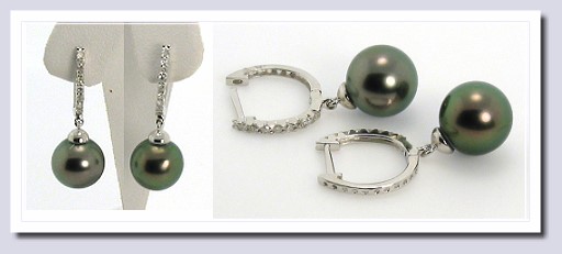 9.3MM Tahitian Pearl Diamond Dangle Earrings 14K White Gold