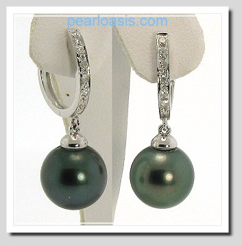 9.4MM Tahitian Pearl Diamond Dangle Earrings 14K White Gold