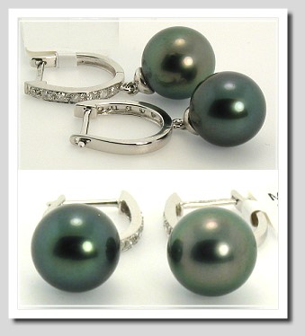 9.4MM Tahitian Pearl Diamond Dangle Earrings 14K White Gold