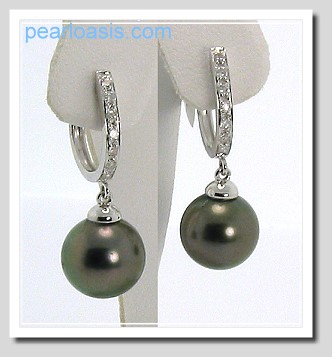 9.16MM Tahitian Pearl Diamond Dangle Earrings 14K White Gold