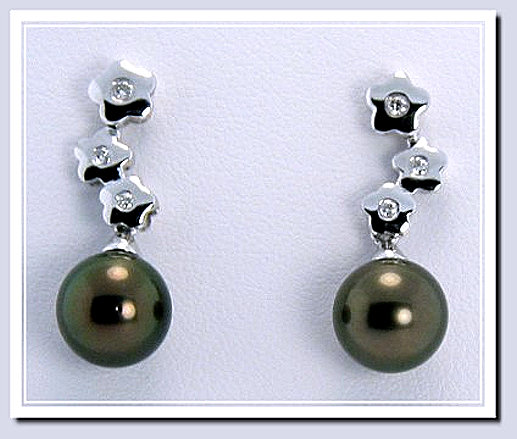 8.5MM Tahitian Pearl Diamond Earrings 14K White Gold 