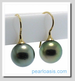 11.15MM Dark Gray Tahitian Pearl Drop Earrings 14K Yellow Gold
