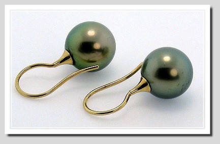 11.15MM Dark Gray Tahitian Pearl Drop Earrings 14K Yellow Gold