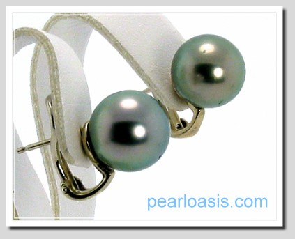 11.5MM Dark Gray Tahitian Pearl Earrings 14K White Gold Omega Clip