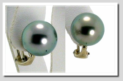 11.5MM Dark Gray Tahitian Pearl Earrings 14K White Gold Omega Clip
