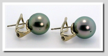 11.5MM Dark Gray Tahitian Pearl Earrings 14K White Gold Omega Clip
