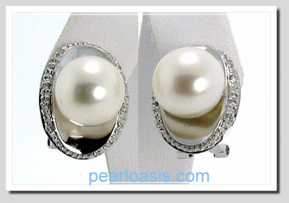 10.3MM White FW Pearl Diamond Earrings 14K White Gold Omega Clip