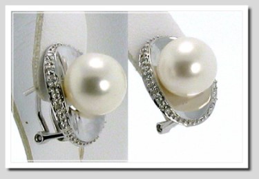 10.3MM White FW Pearl Diamond Earrings 14K White Gold Omega Clip