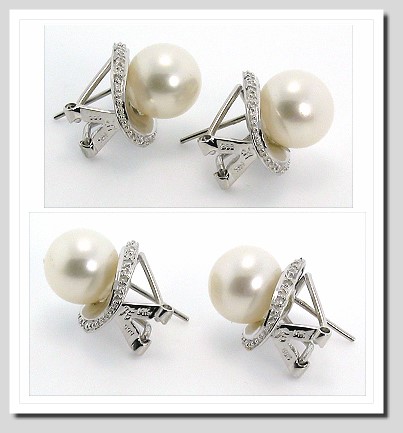 10.3MM White FW Pearl Diamond Earrings 14K White Gold Omega Clip