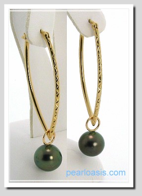 9.6MM Tahitian Pearl Charm Long Hoop Earrings 14K Yellow Gold