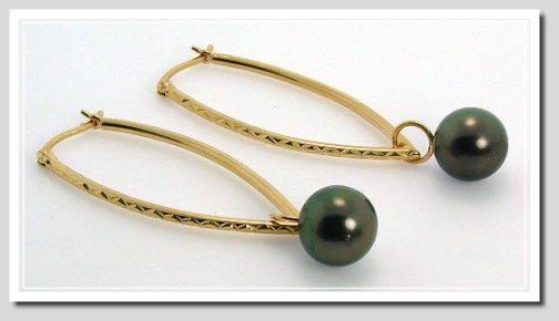 9.6MM Tahitian Pearl Charm Long Hoop Earrings 14K Yellow Gold