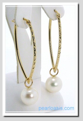 10.2MM White FW Pearl Charm Long Hoop Earrings 14K Yellow Gold