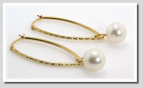 10.2MM White FW Pearl Charm Long Hoop Earrings 14K Yellow Gold