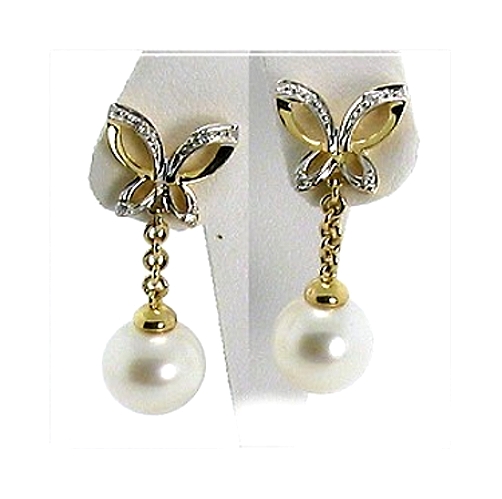 9MM White FW Pearl Diamond Earrings 14K Yellow Gold