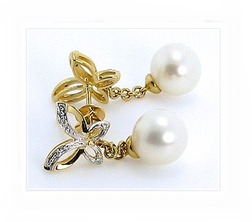 9MM White FW Pearl Diamond Earrings 14K Yellow Gold