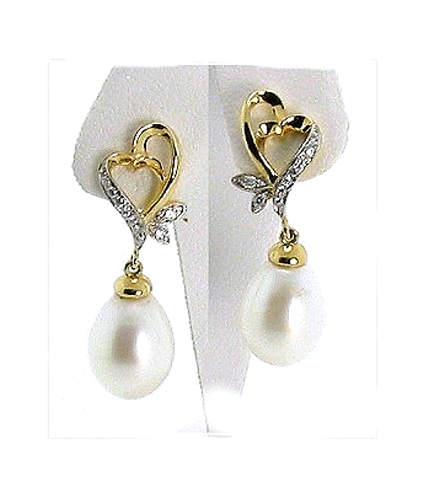 8.5X12MM White FW Pearl Diamond Earrings 14K Yellow Gold