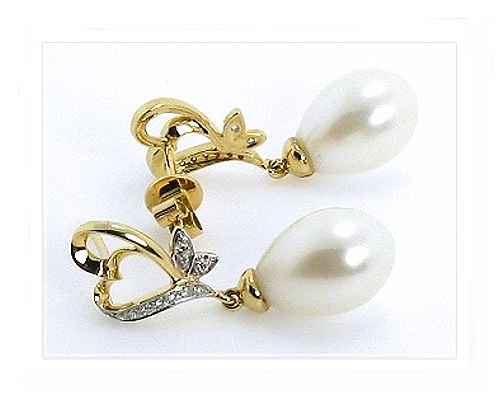 8.5X12MM White FW Pearl Diamond Earrings 14K Yellow Gold