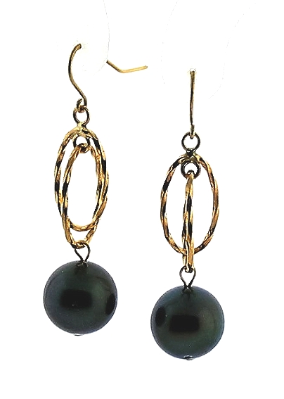 11.2MM Black Tahitian Pearl Gold Hoop Dangle Earrings, 10K Gold