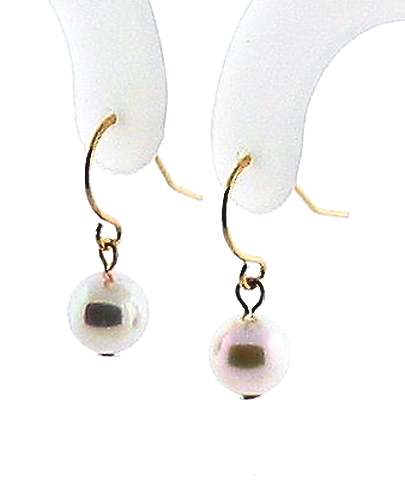 AAA 6.5-7MM White Akoya Pearl Dangle Earrings, 14K Yellow Gold French Wires