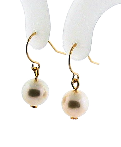 AAA 7.5-8MM White Akoya Pearl Dangle Earrings, 14K Yellow Gold French Wires
