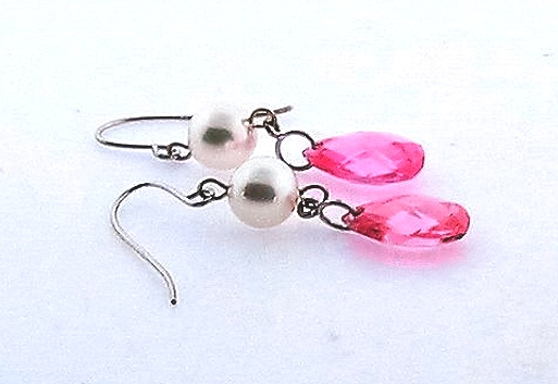 AAA 5.5-6MM White Akoya Pearl Pink Crystal Dangle Earrings, 14K White Gold