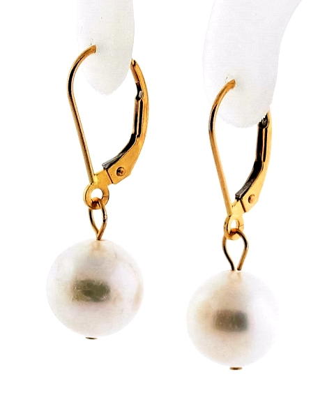 9.6-10MM White Freshwater Pearl Dangle Earrings, 14K Yellow Gold Leverbacks