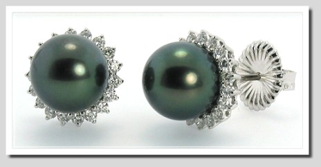 10MM Black Tahitian Pearl Earring w/Diamond Row, 0.68CT. 18K White Gold