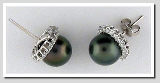 10MM Black Tahitian Pearl Earring w/Diamond Row, 0.68CT. 18K White Gold