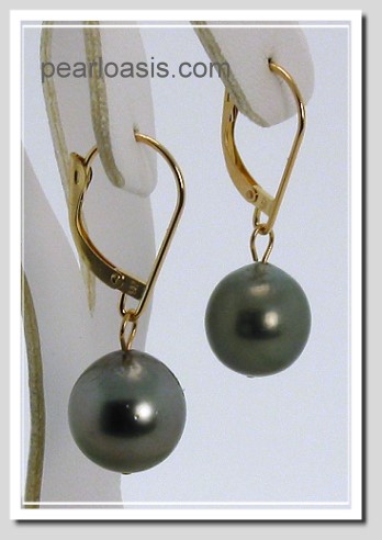 10MM Dark Gray Tahitian Pearl Dangle Earrings 14K Yellow Gold