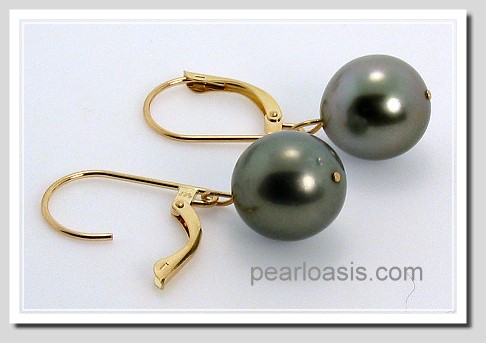 10MM Dark Gray Tahitian Pearl Dangle Earrings 14K Yellow Gold