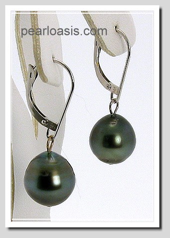 10MM Dark Gray Tahitian Pearl Dangle Earrings 14K White Gold
