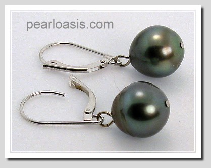 10MM Dark Gray Tahitian Pearl Dangle Earrings 14K White Gold