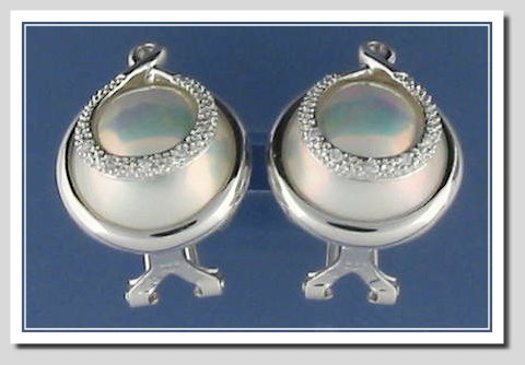 13.3MM Japanese Mabe Pearl Earrings w/Diamond, 14K White Gold w/Omega Clip