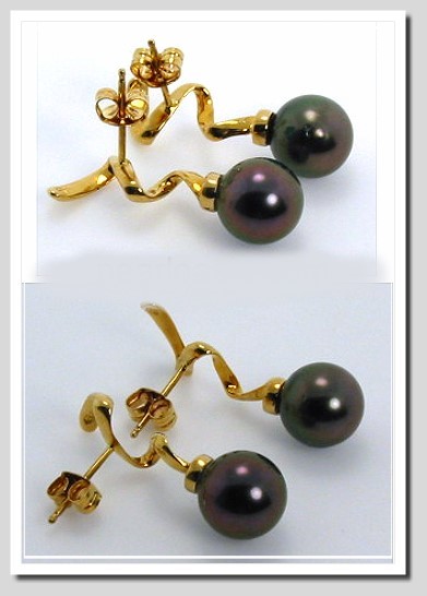 8.6MM Round Tahitian Pearl Designer Earrings 14K Yellow Gold